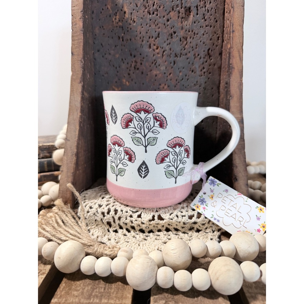 Petal & Pearl Hand Painted Pink Floral Ceramic Coffee Mug NWT Cottagecore
